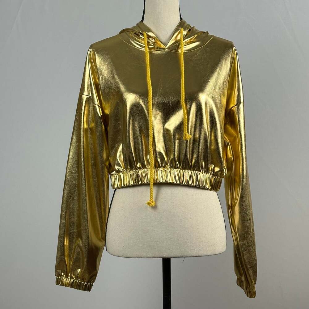 SHEIN Disco Fever Gold Lame Cropped Hoodie - size large
